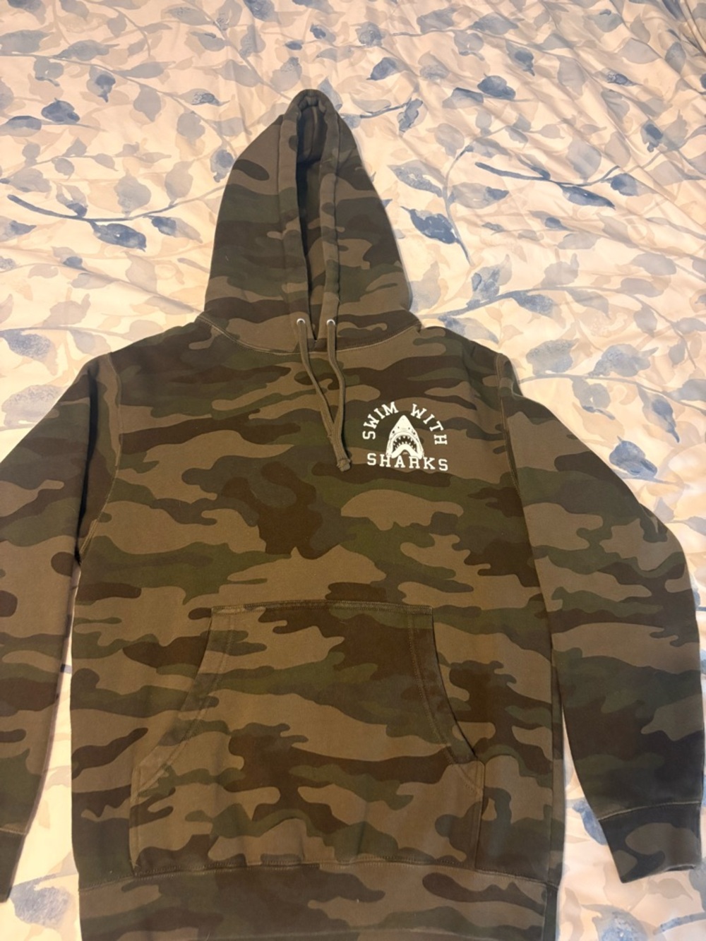 Camouflage 'Sharks' Graphic Pullover Hoodie - Olive Camo